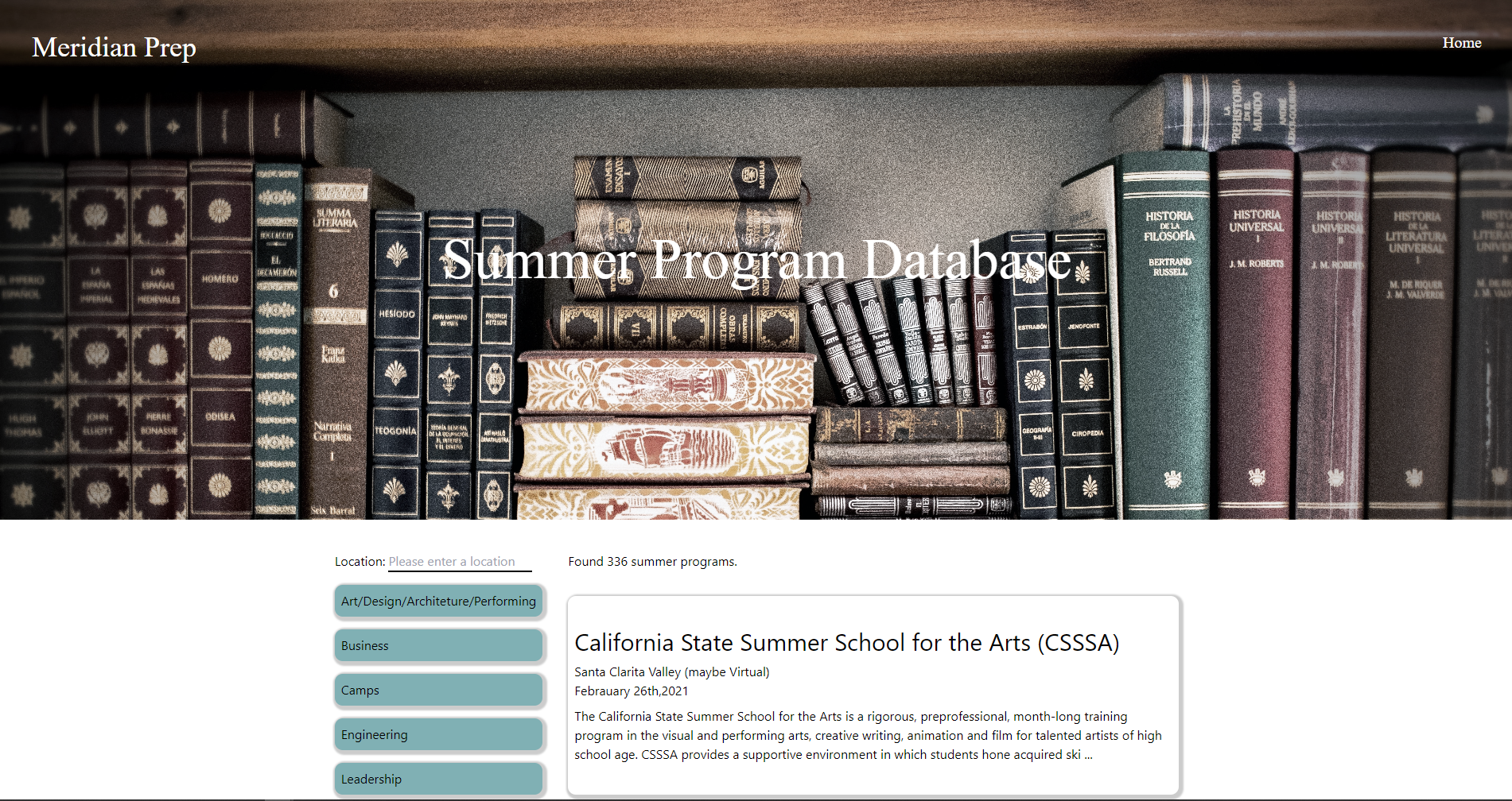 Meridian Prep Summer Program Database Website
